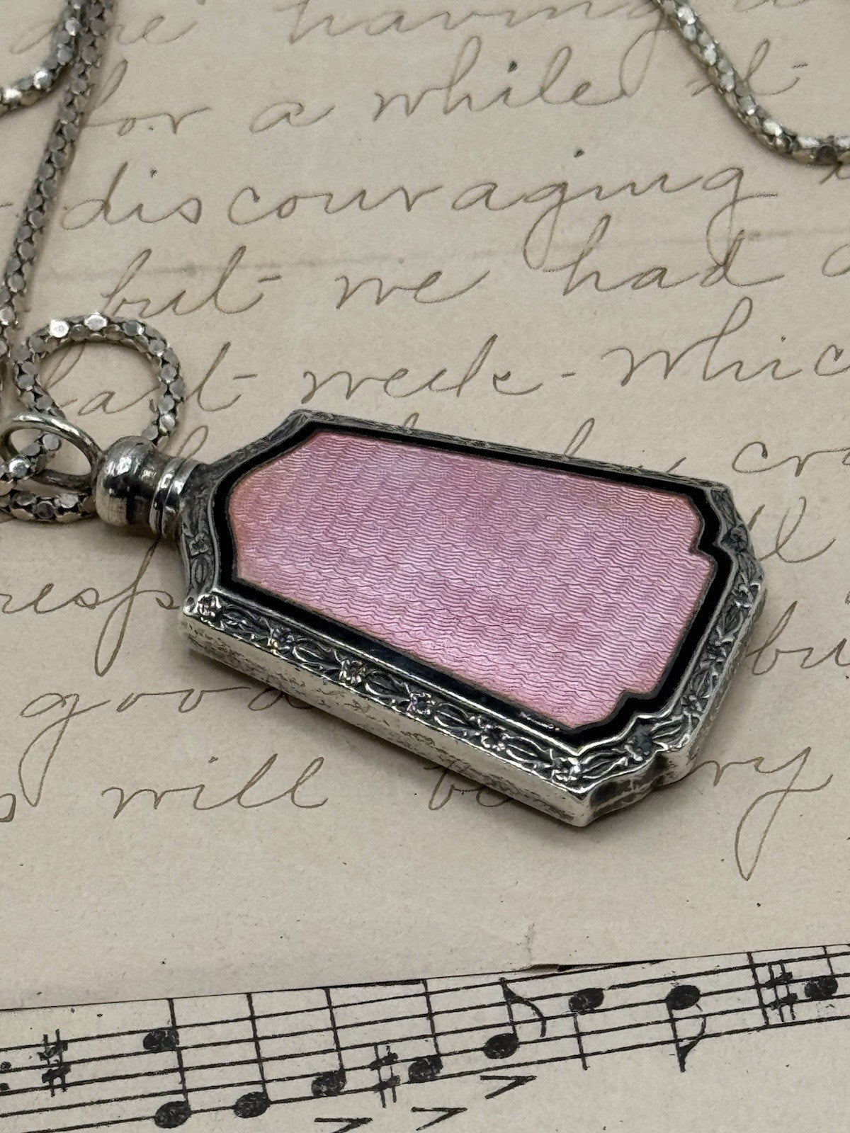 Antique ART DECO Sterling Silver PINK Guilloche Perfume Bottle Pendant Necklace