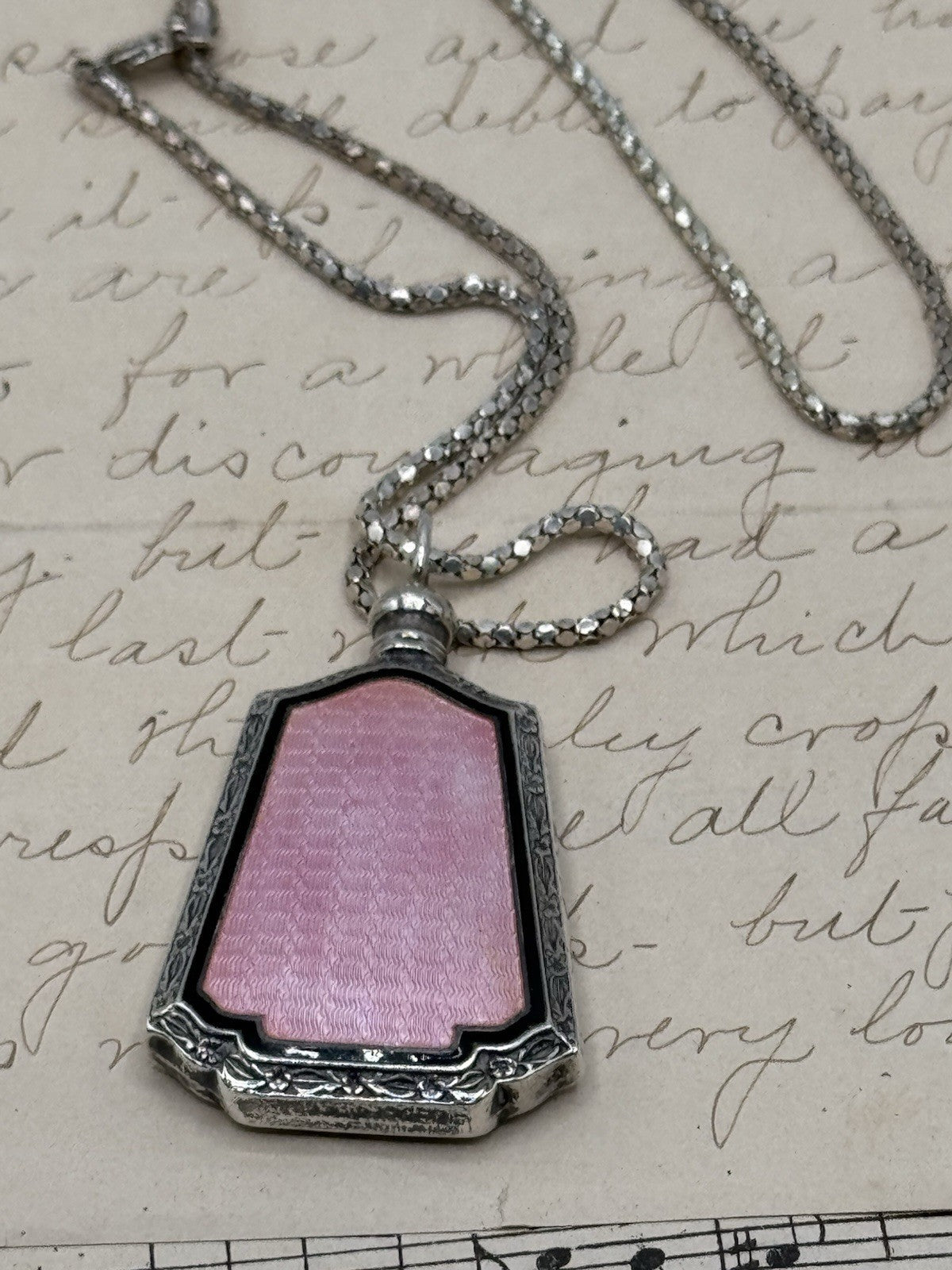 Antique ART DECO Sterling Silver PINK Guilloche Perfume Bottle Pendant Necklace