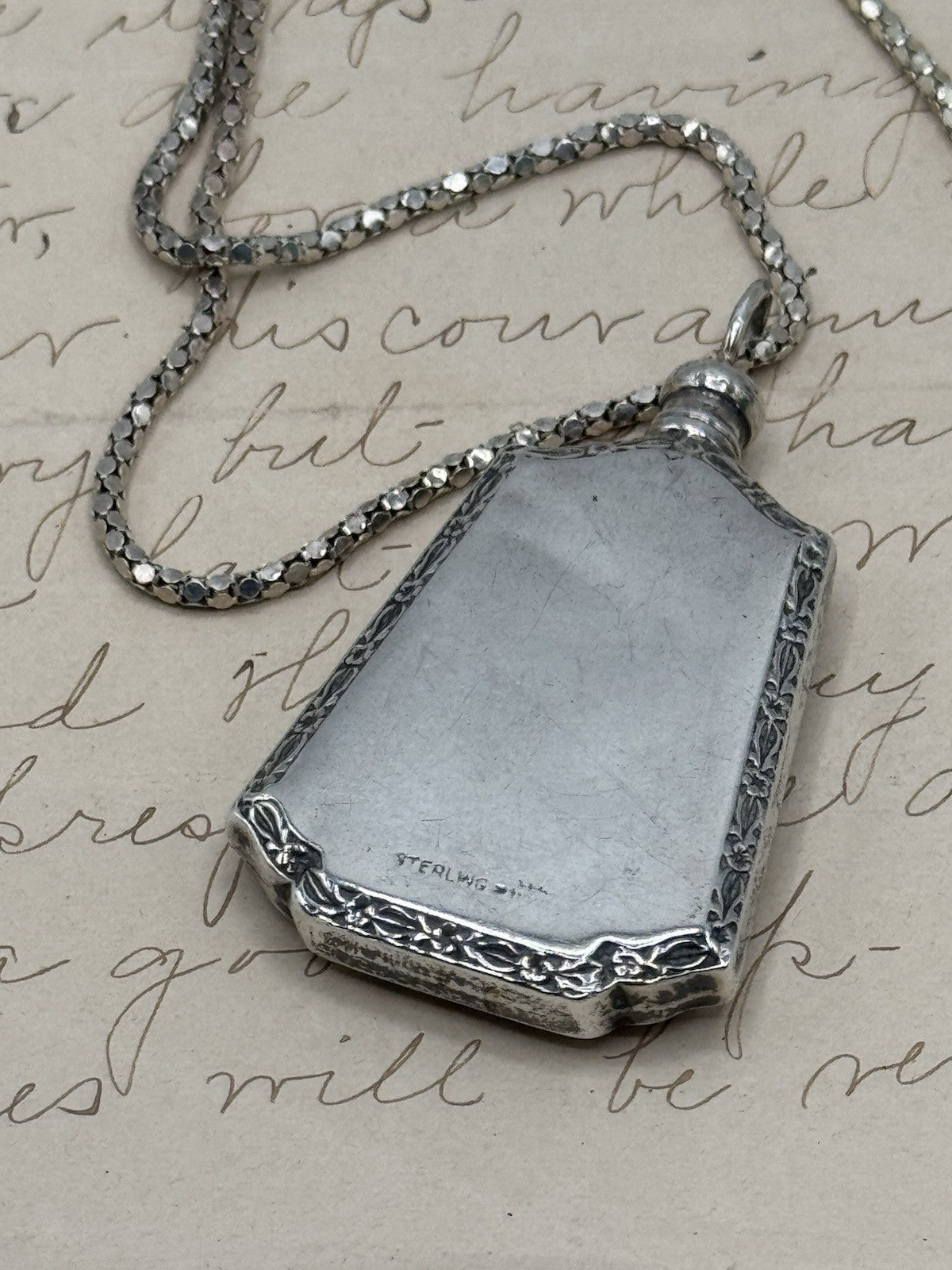 Antique ART DECO Sterling Silver PINK Guilloche Perfume Bottle Pendant Necklace
