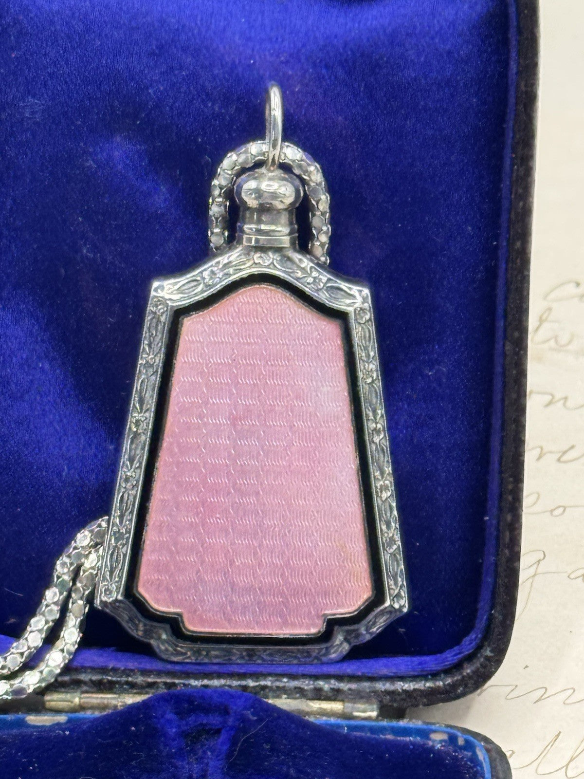 Antique ART DECO Sterling Silver PINK Guilloche Perfume Bottle Pendant Necklace