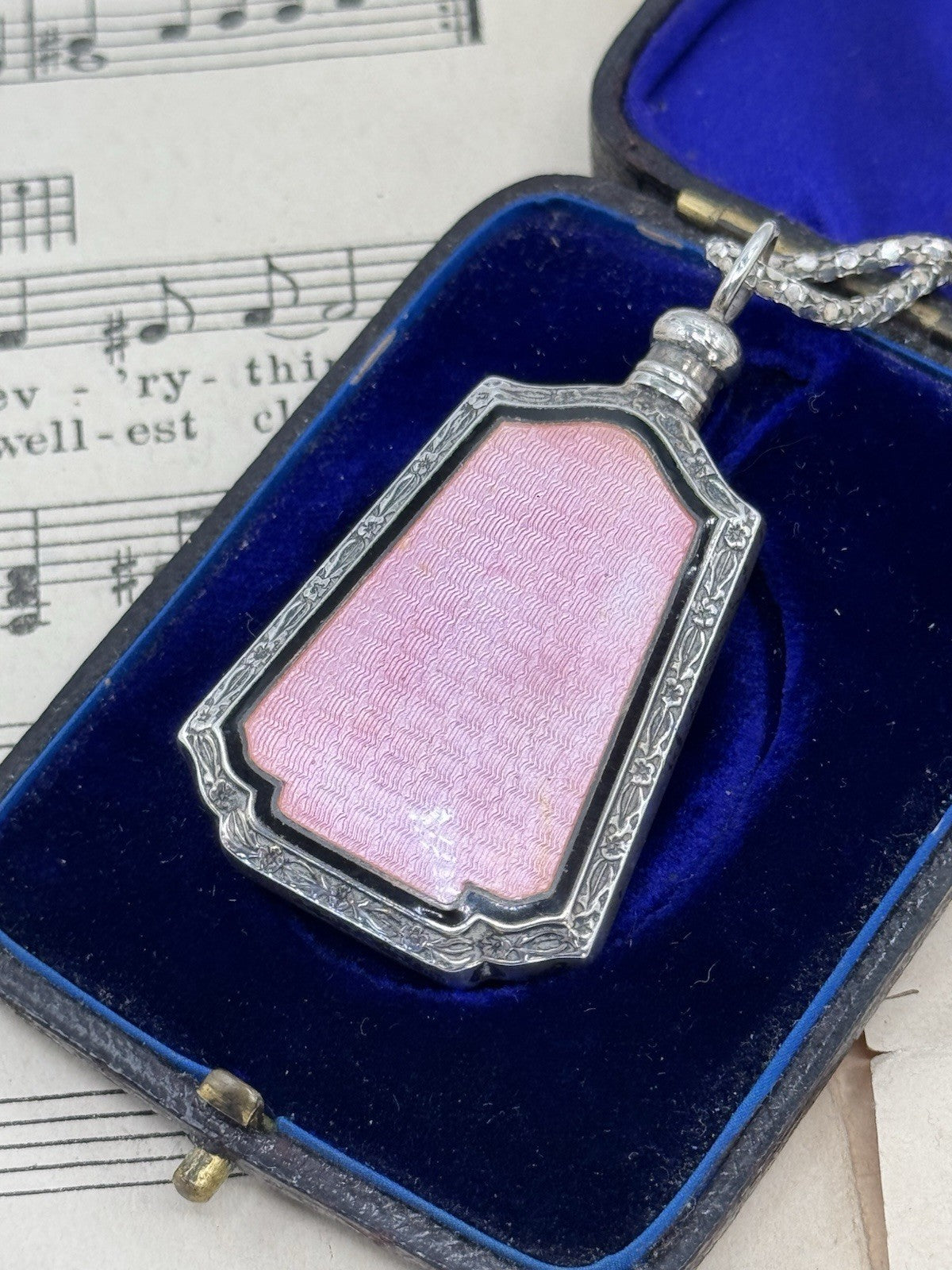 Antique ART DECO Sterling Silver PINK Guilloche Perfume Bottle Pendant Necklace