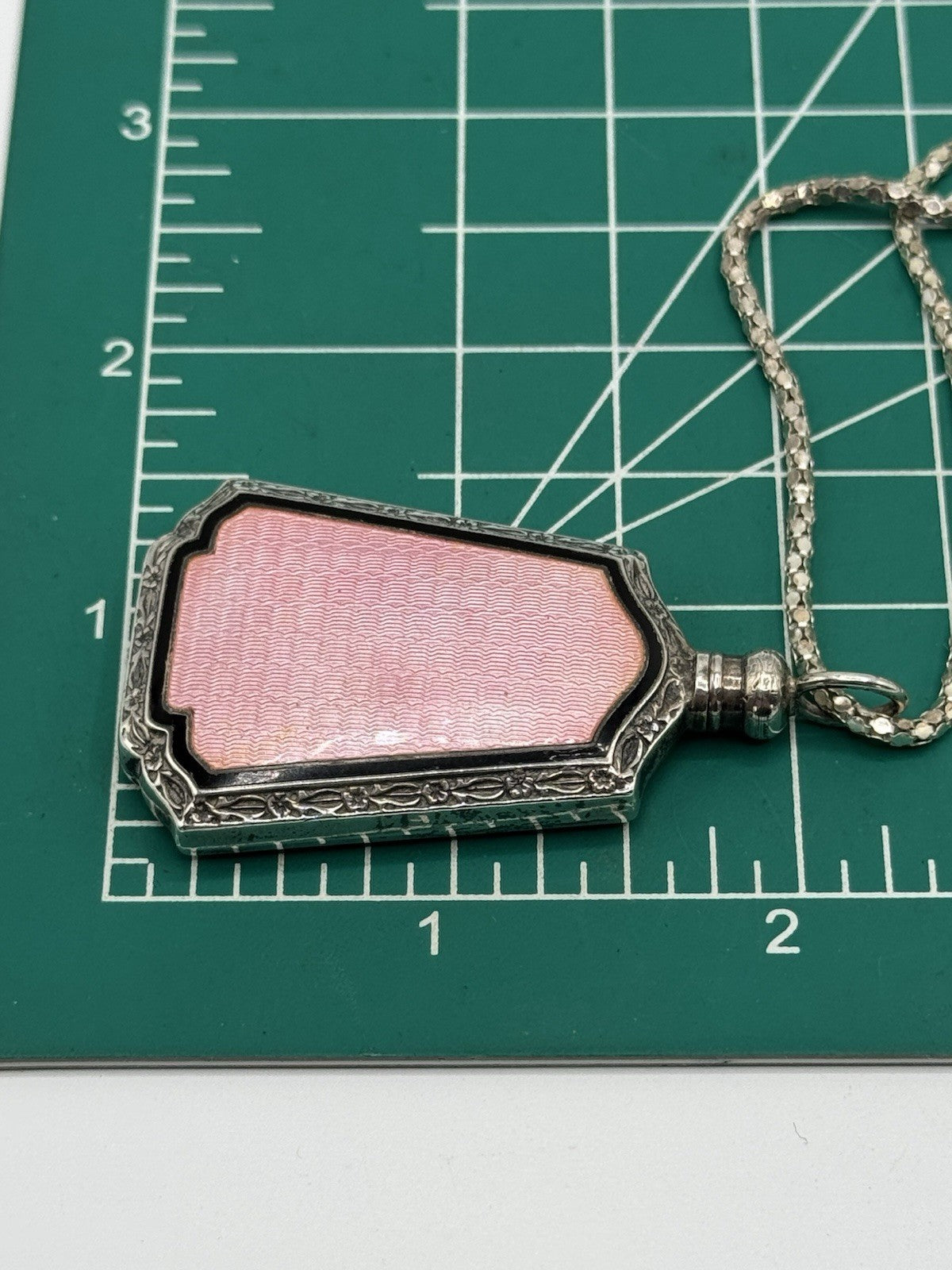 Antique ART DECO Sterling Silver PINK Guilloche Perfume Bottle Pendant Necklace