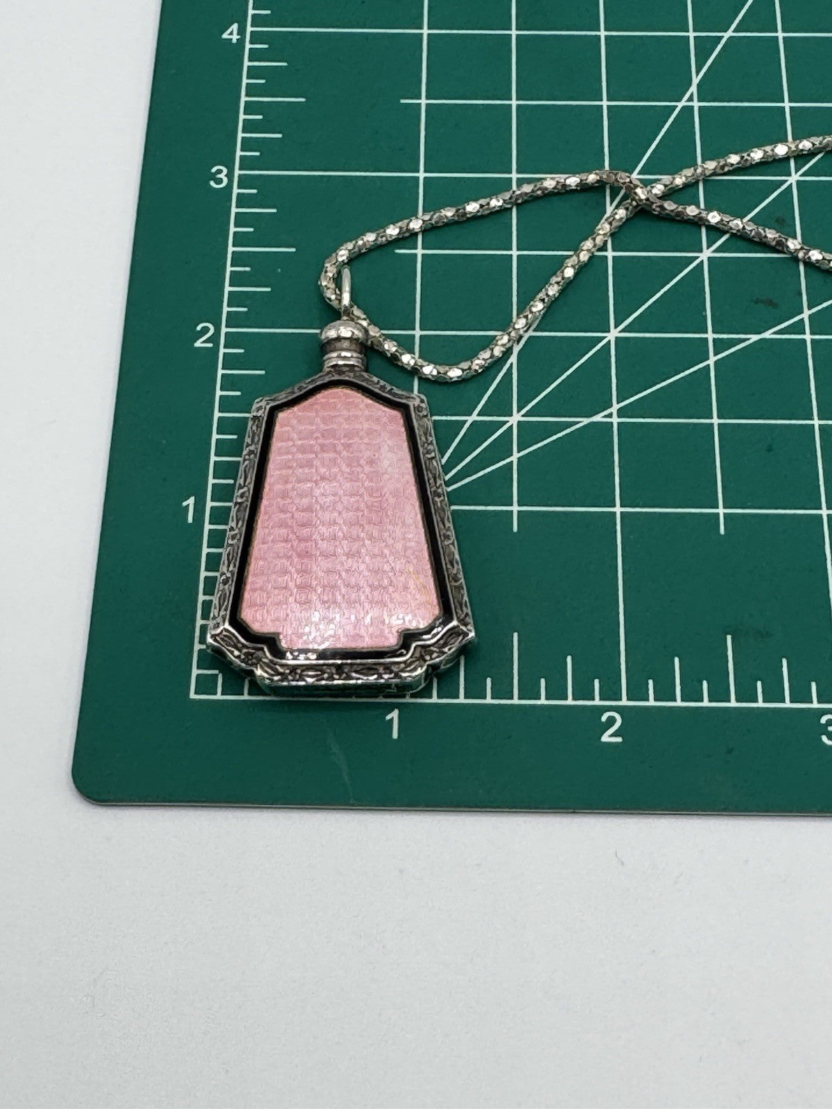 Antique ART DECO Sterling Silver PINK Guilloche Perfume Bottle Pendant Necklace
