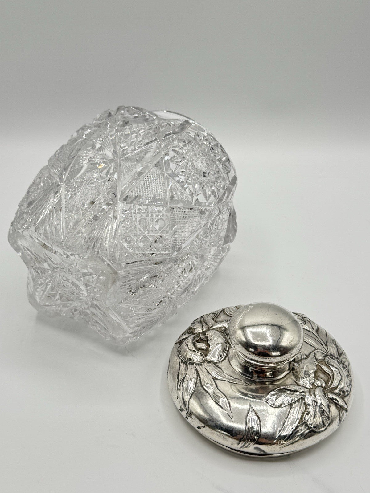 Antique AMERICAN BRILLIANT Sterling Lidded Biscuit Barrel Circa 7.5”h