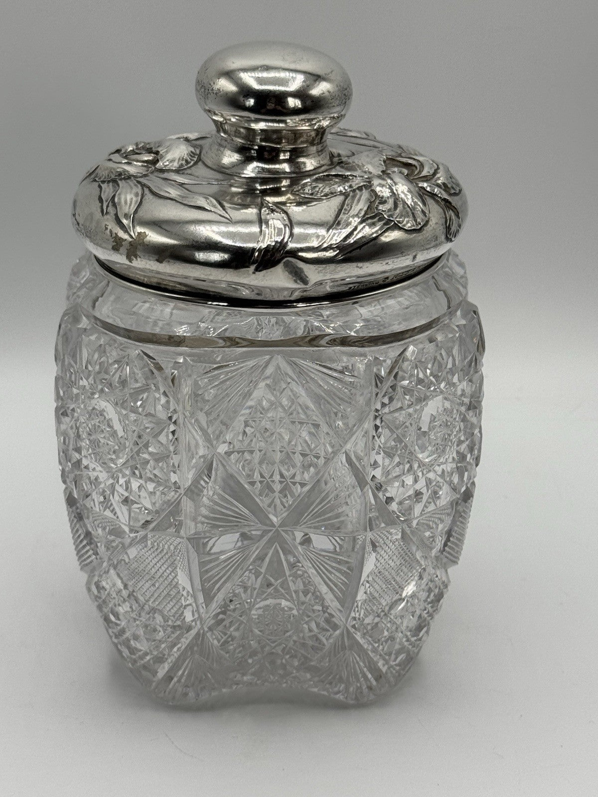 Antique AMERICAN BRILLIANT Sterling Lidded Biscuit Barrel Circa 7.5”h