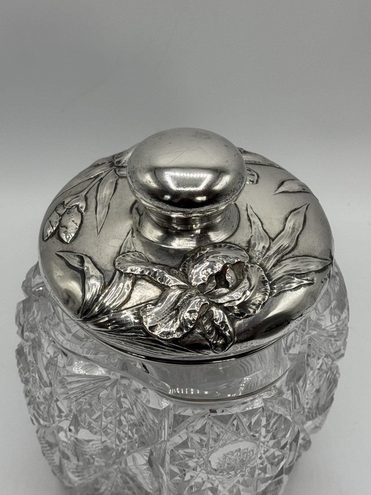 Antique AMERICAN BRILLIANT Sterling Lidded Biscuit Barrel Circa 7.5”h