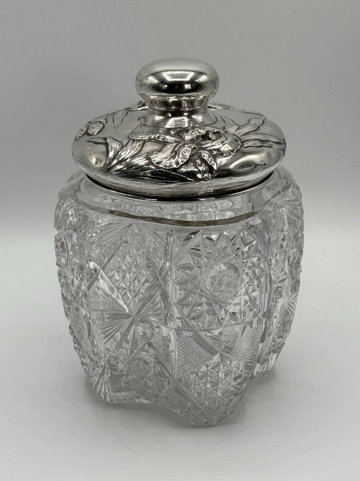Antique AMERICAN BRILLIANT Sterling Lidded Biscuit Barrel Circa 7.5”h