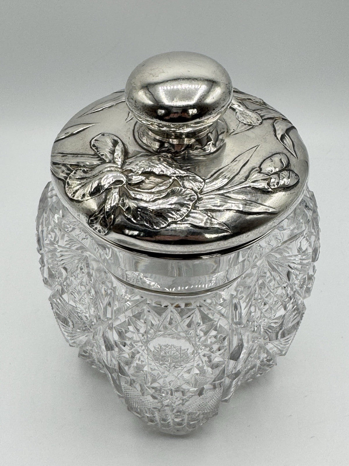Antique AMERICAN BRILLIANT Sterling Lidded Biscuit Barrel Circa 7.5”h