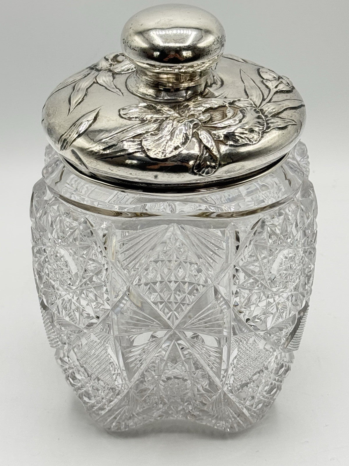 Antique AMERICAN BRILLIANT Sterling Lidded Biscuit Barrel Circa 7.5”h