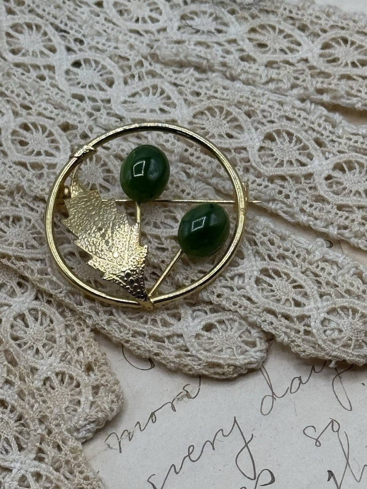 Vintage Goldtone Circle Brooch Jade Accents Floral MID CENTURY DESIGN