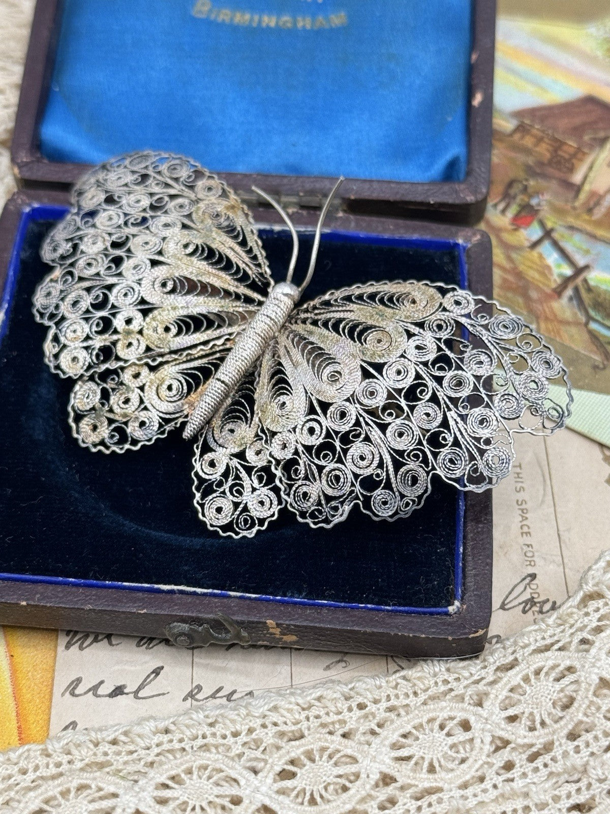 Antique Silver FILIGREE Cannetile Large Butterfly Brooch Acid Tested