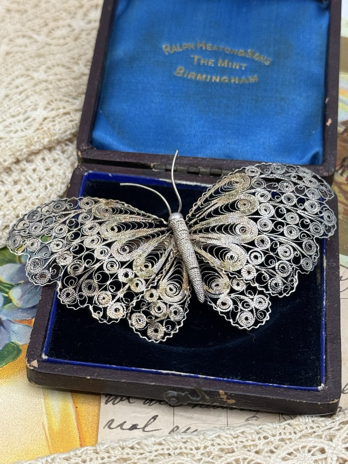 Antique Silver FILIGREE Cannetile Large Butterfly Brooch Acid Tested