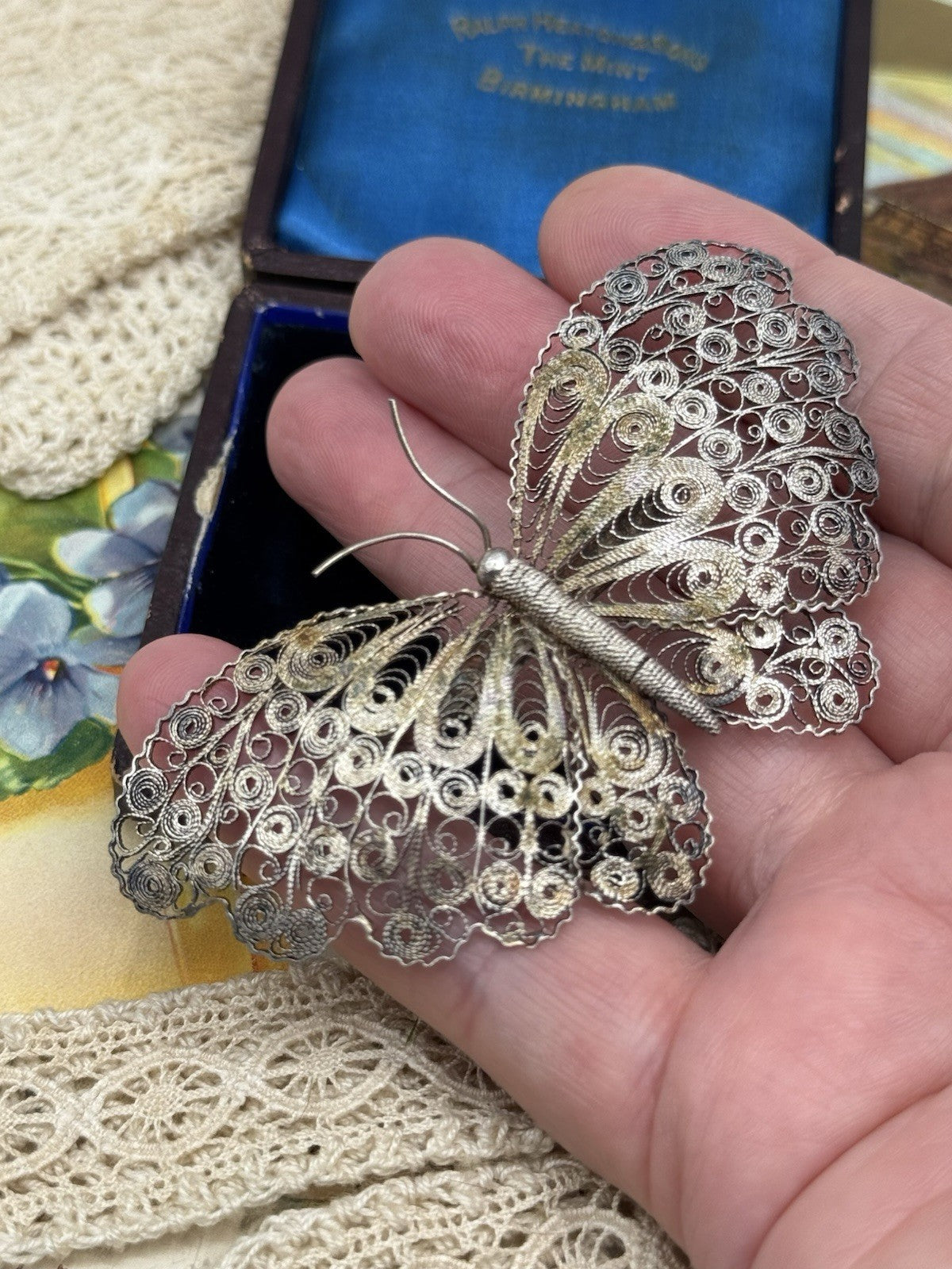 Antique Silver FILIGREE Cannetile Large Butterfly Brooch Acid Tested