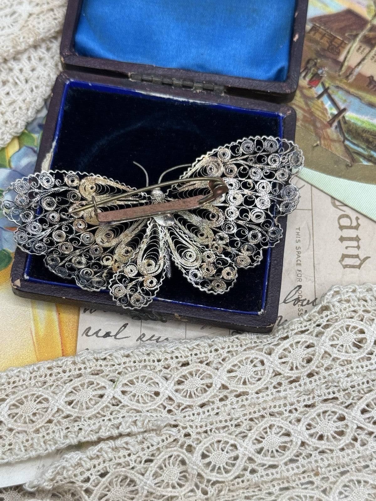 Antique Silver FILIGREE Cannetile Large Butterfly Brooch Acid Tested
