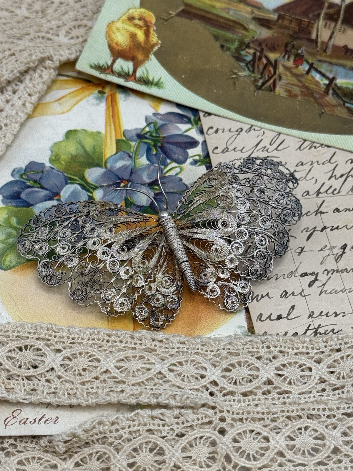 Antique Silver FILIGREE Cannetile Large Butterfly Brooch Acid Tested