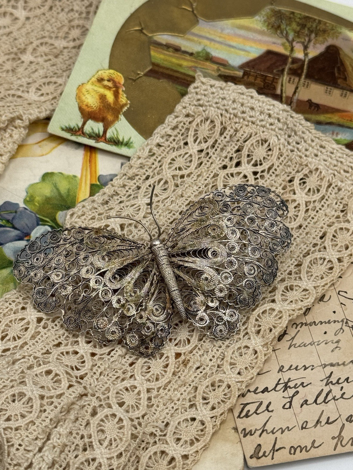 Antique Silver FILIGREE Cannetile Large Butterfly Brooch Acid Tested