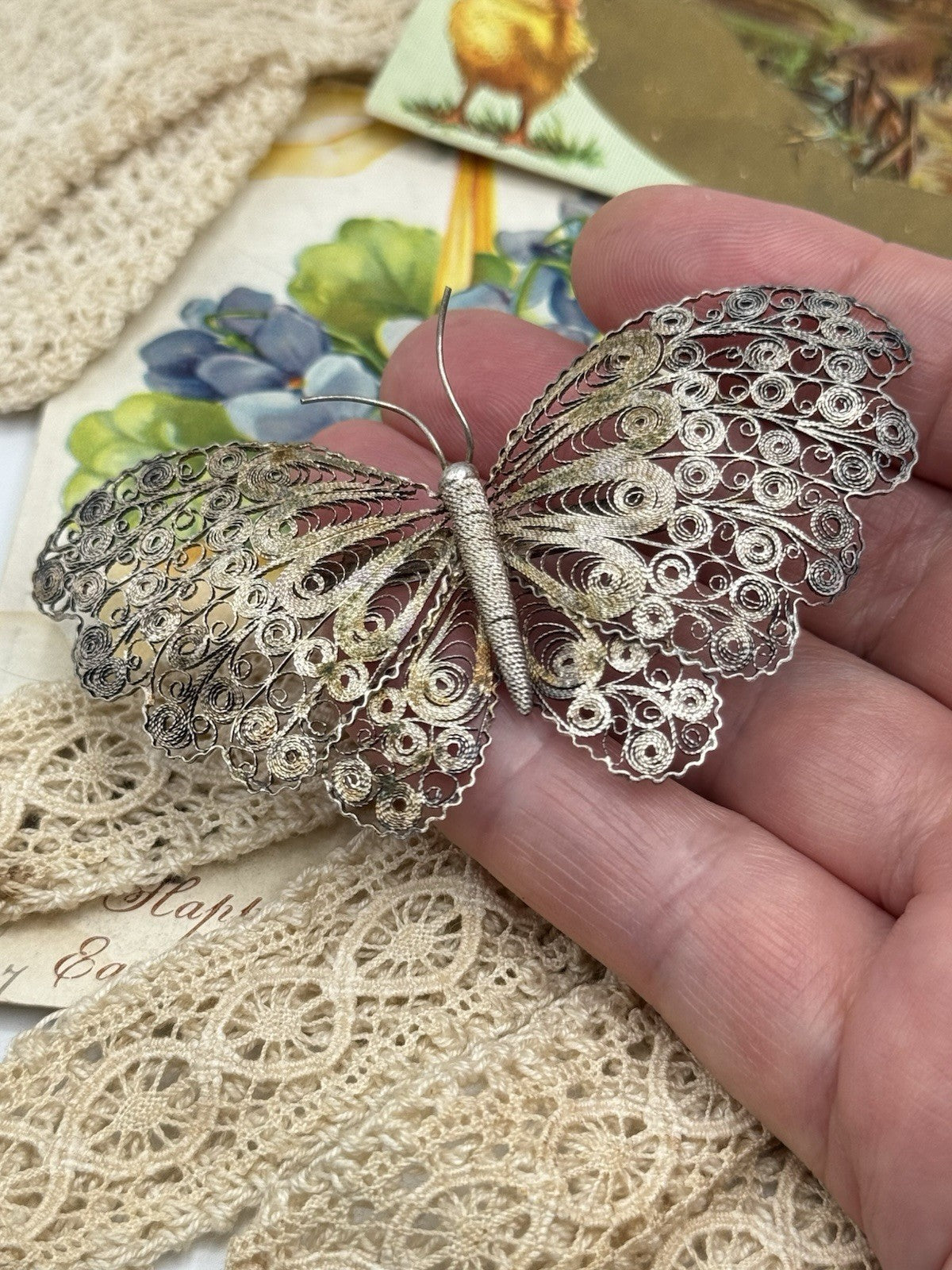 Antique Silver FILIGREE Cannetile Large Butterfly Brooch Acid Tested