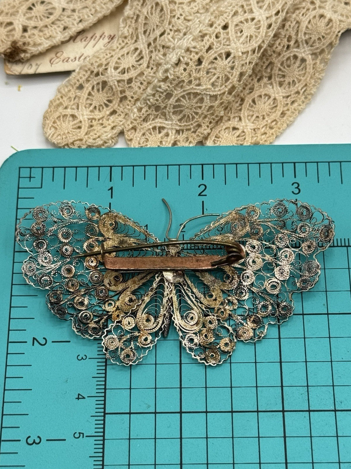 Antique Silver FILIGREE Cannetile Large Butterfly Brooch Acid Tested