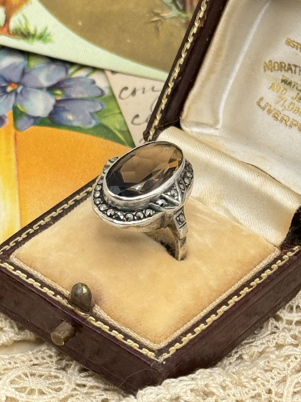 Vintage Smokey Topaz Marcasite Sterling Ring Size 6.5 ESTATE FIND