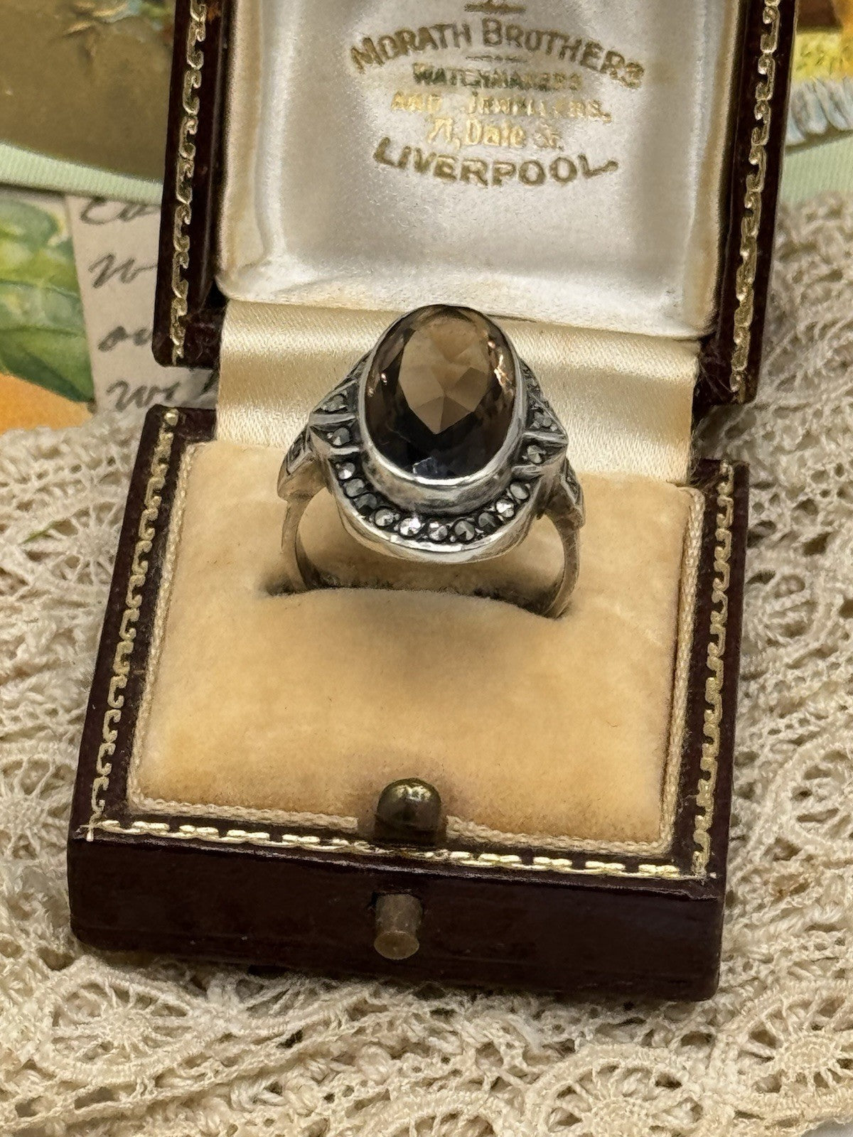 Vintage Smokey Topaz Marcasite Sterling Ring Size 6.5 ESTATE FIND