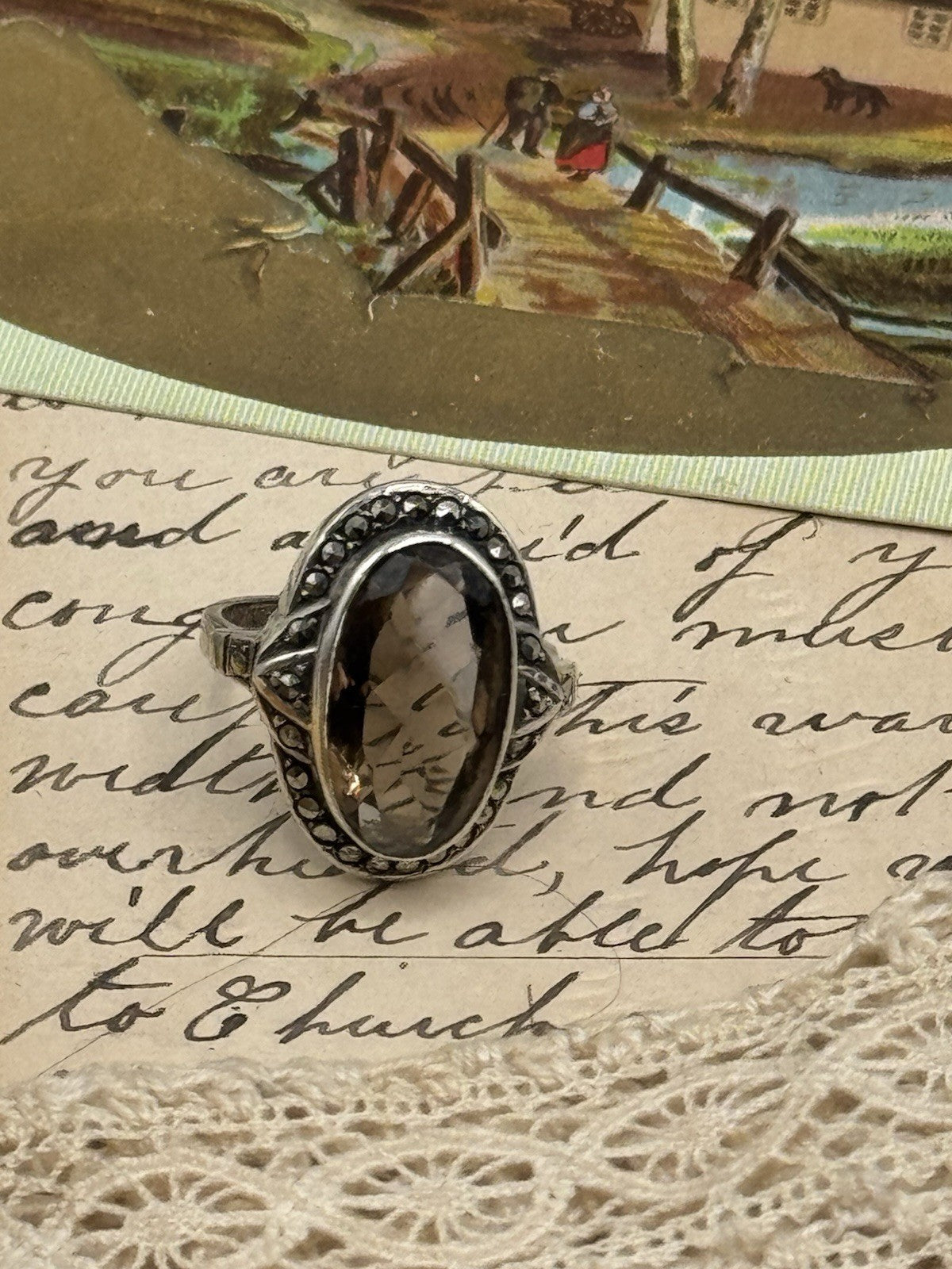 Vintage Smokey Topaz Marcasite Sterling Ring Size 6.5 ESTATE FIND