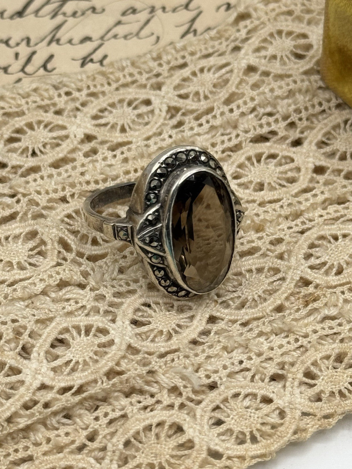 Vintage Smokey Topaz Marcasite Sterling Ring Size 6.5 ESTATE FIND