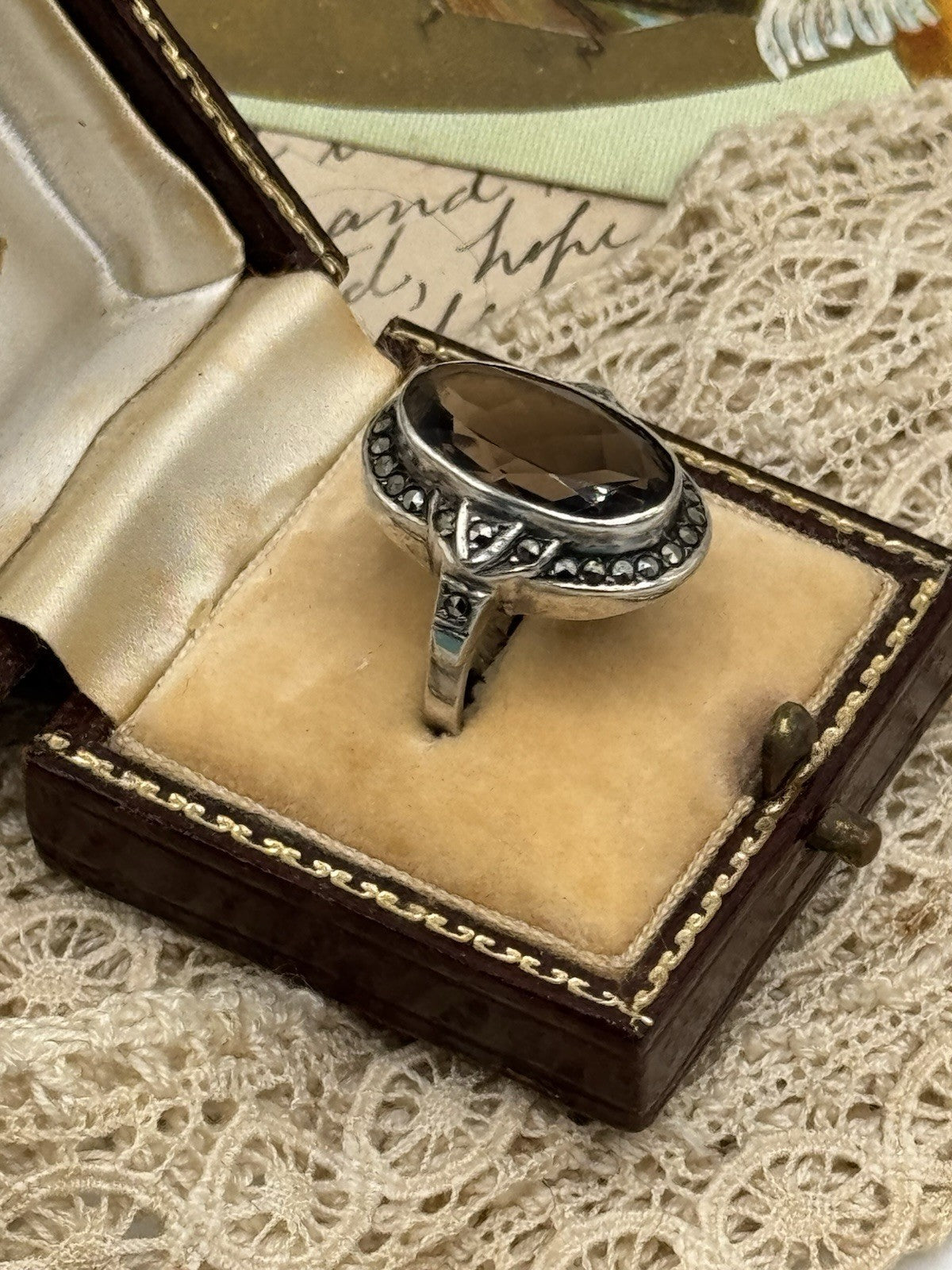 Vintage Smokey Topaz Marcasite Sterling Ring Size 6.5 ESTATE FIND