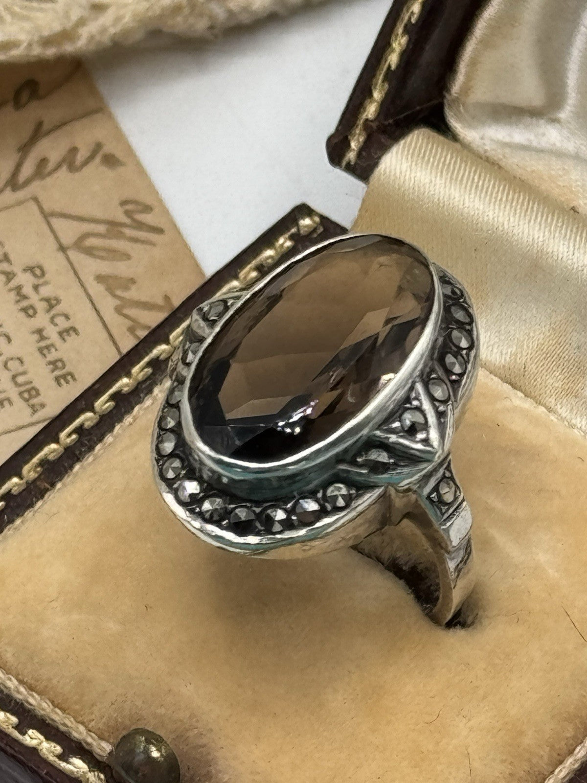 Vintage Smokey Topaz Marcasite Sterling Ring Size 6.5 ESTATE FIND