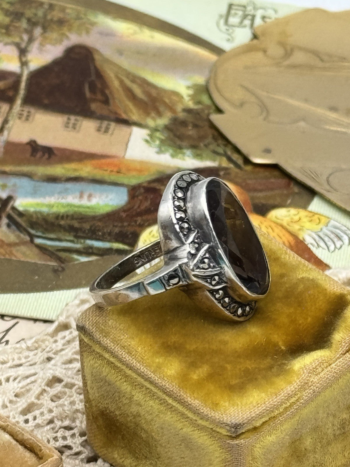 Vintage Smokey Topaz Marcasite Sterling Ring Size 6.5 ESTATE FIND