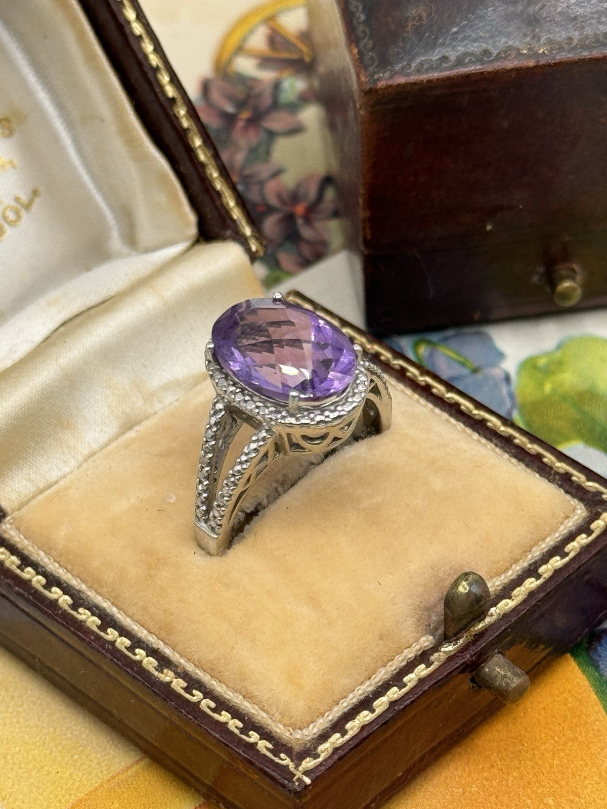 925 FAS Sterling Silver Large Amethyst Faceted Stone RING Estate Find Size 7.75