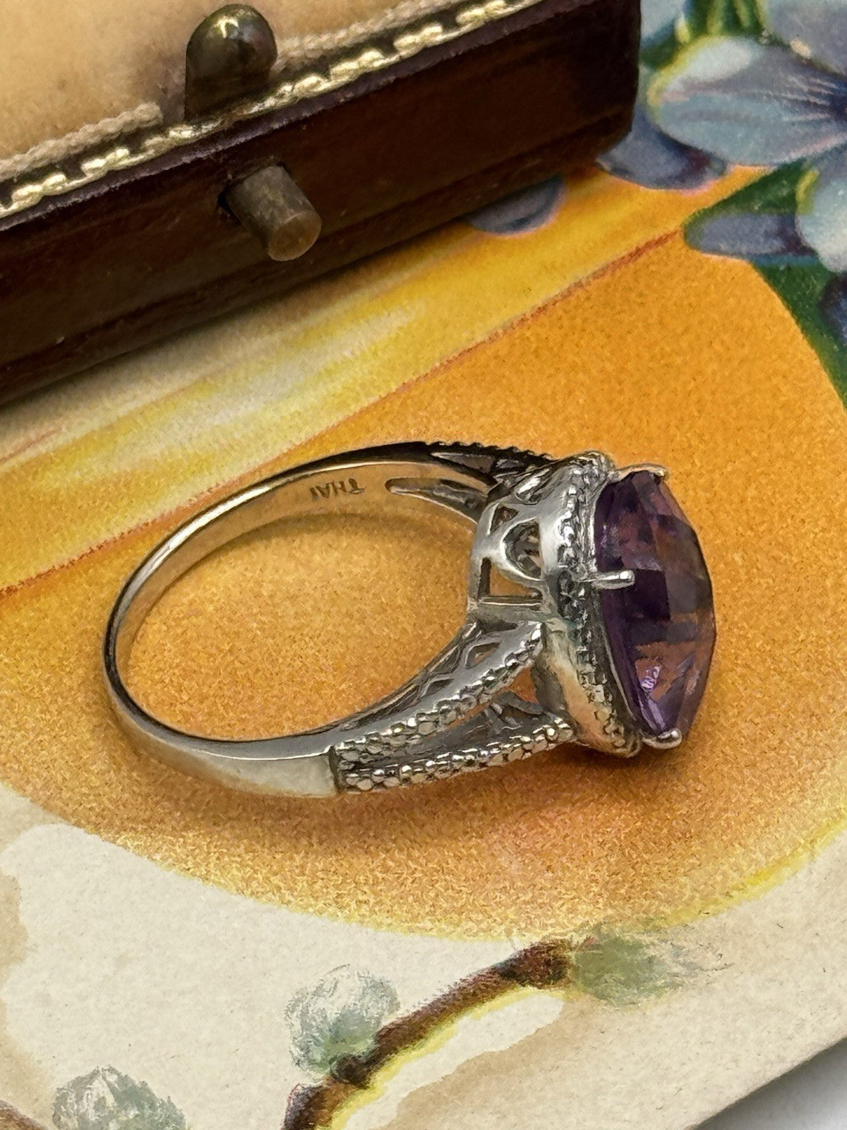 925 FAS Sterling Silver Large Amethyst Faceted Stone RING Estate Find Size 7.75
