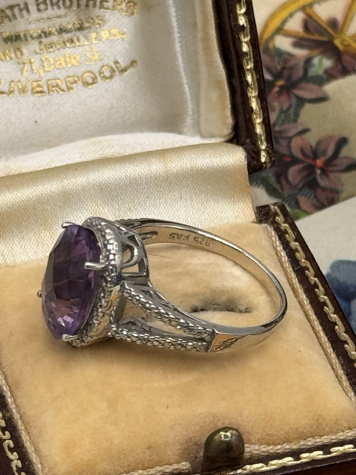 925 FAS Sterling Silver Large Amethyst Faceted Stone RING Estate Find Size 7.75