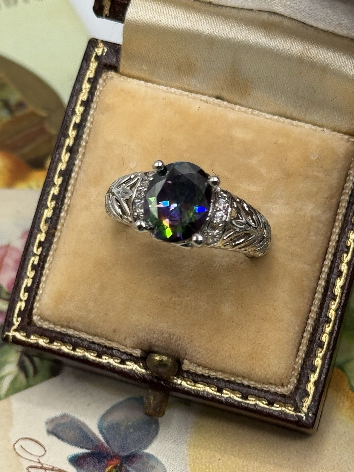 Sterling Silver Rainbow Stone RING Estate Find SOZE 6.75