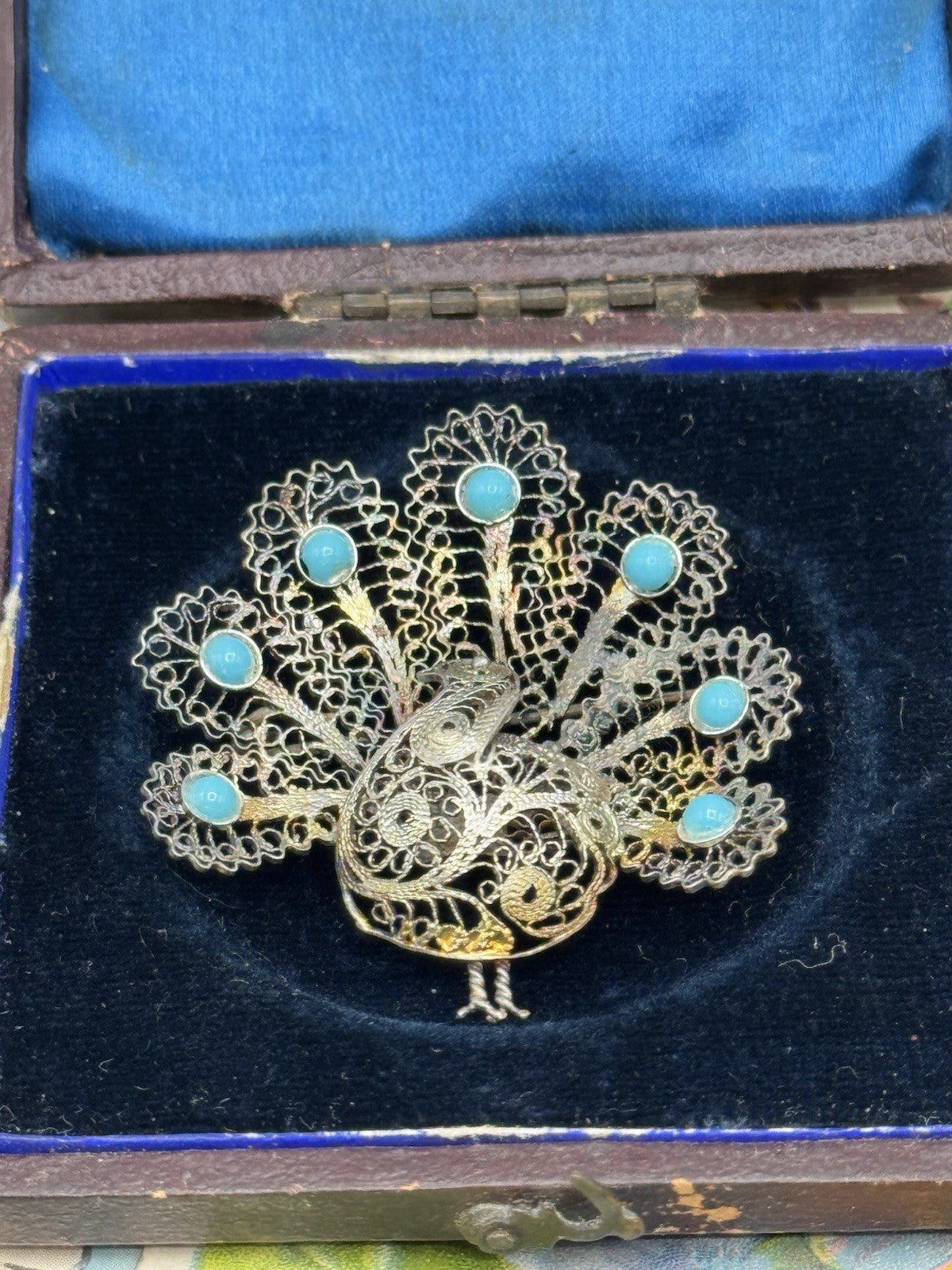 Antique SILVER Acid Tested Cannetille Brooch PEACOCK