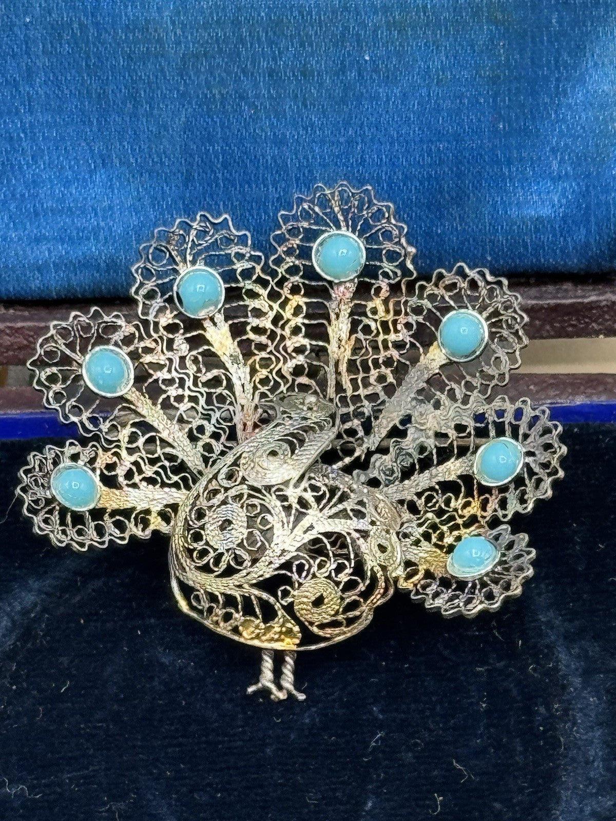 Antique SILVER Acid Tested Cannetille Brooch PEACOCK