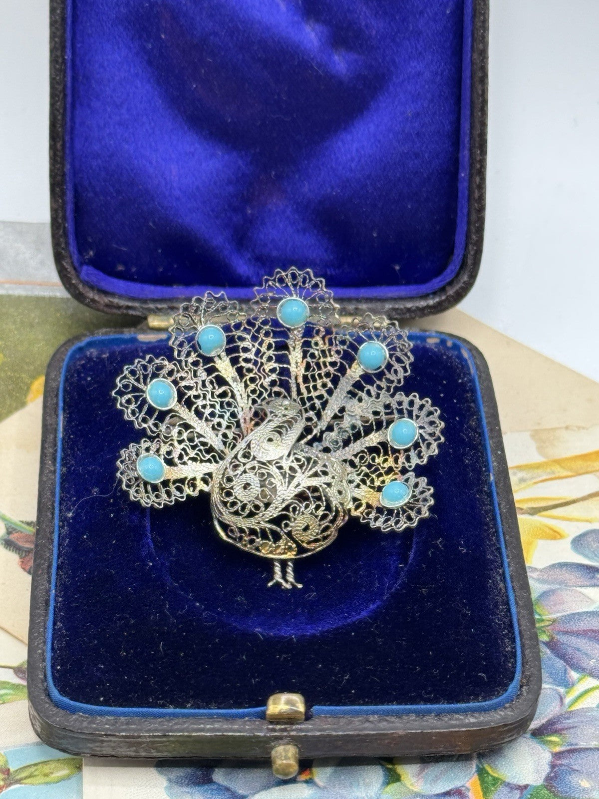 Antique SILVER Acid Tested Cannetille Brooch PEACOCK