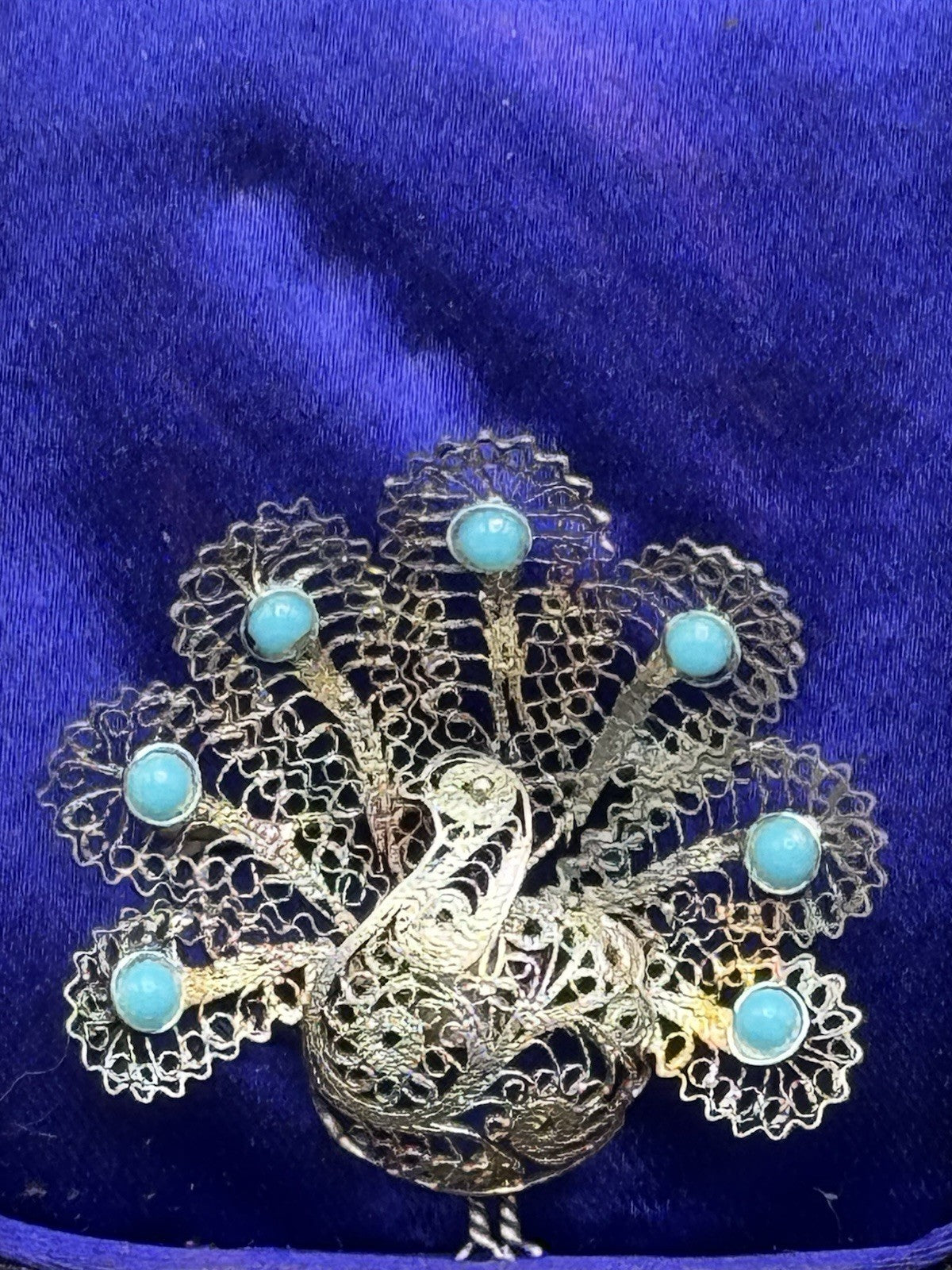 Antique SILVER Acid Tested Cannetille Brooch PEACOCK