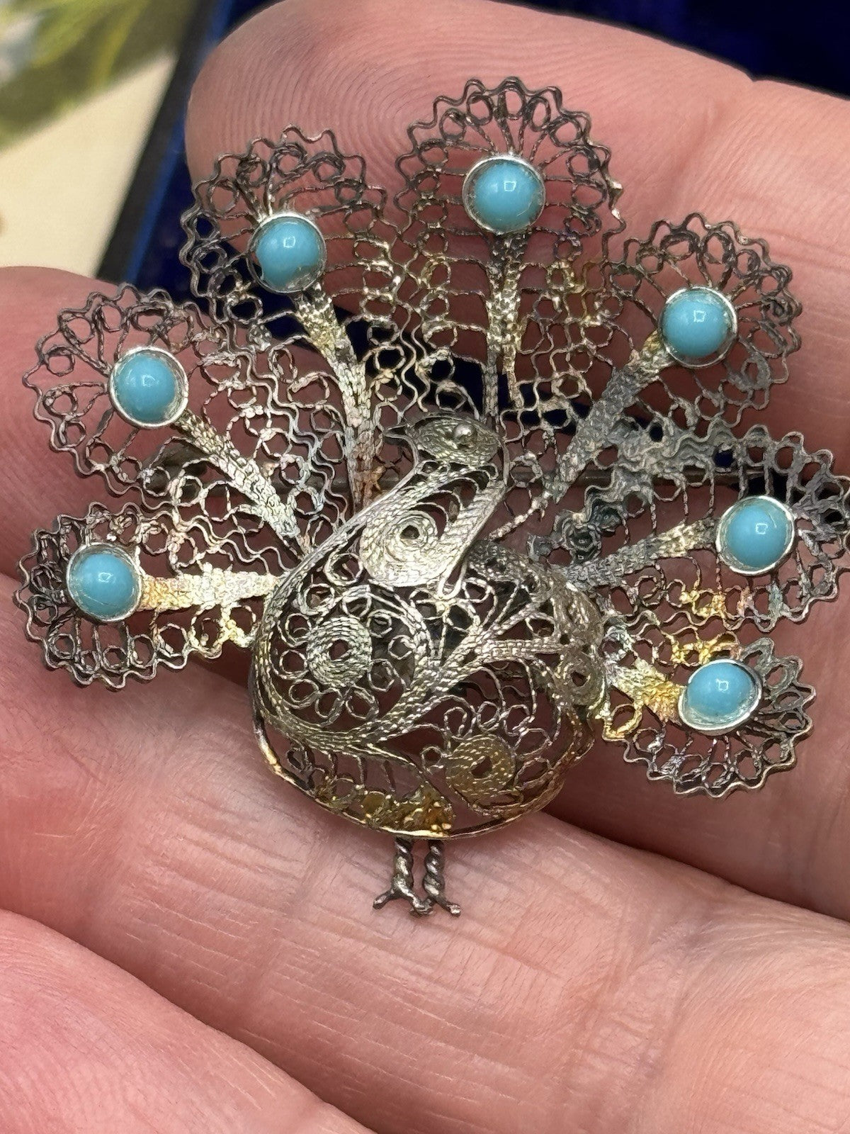 Antique SILVER Acid Tested Cannetille Brooch PEACOCK