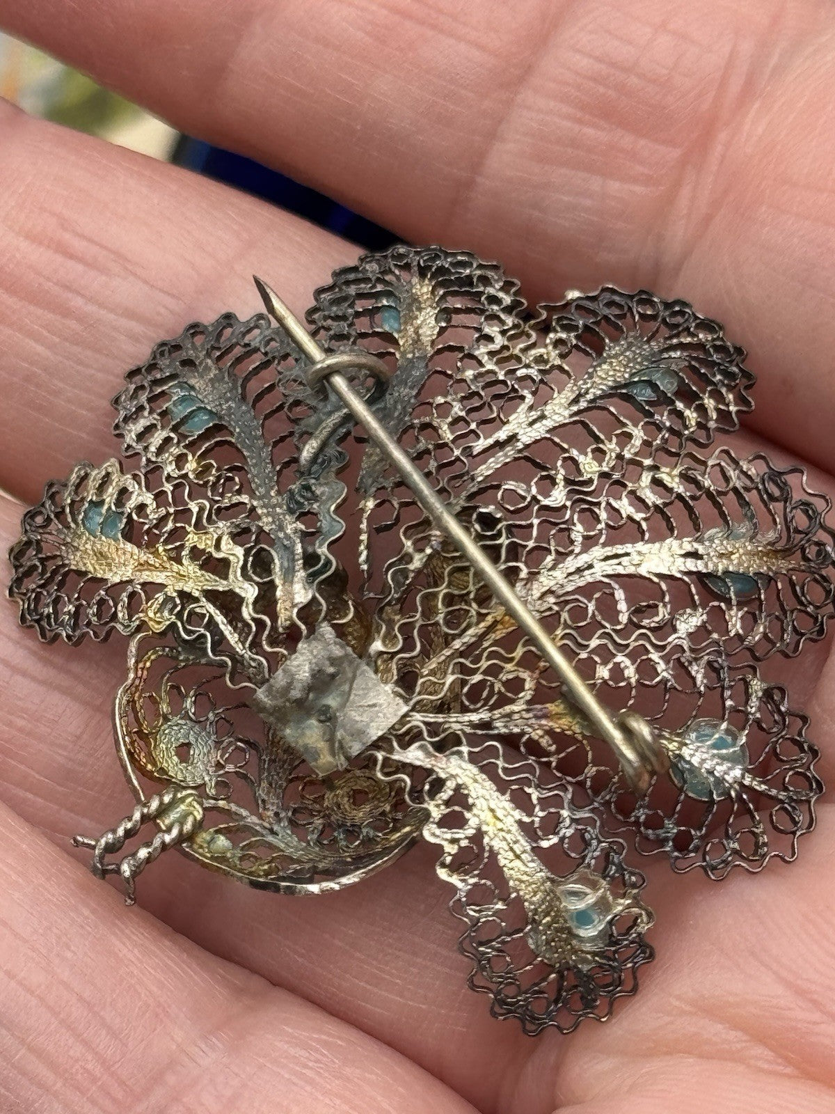 Antique SILVER Acid Tested Cannetille Brooch PEACOCK