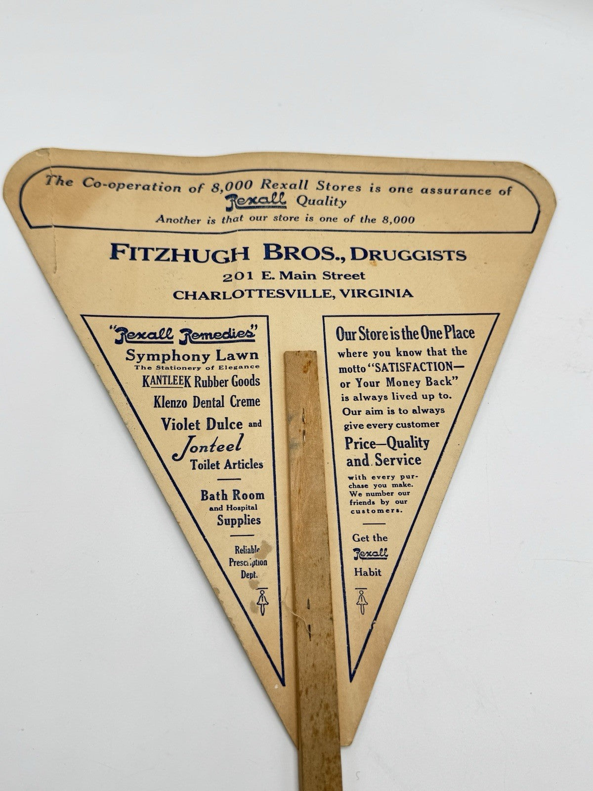 Vintage Cardboard Advertising Fan Charlottesville Fitzhugh Bros. Drugist
