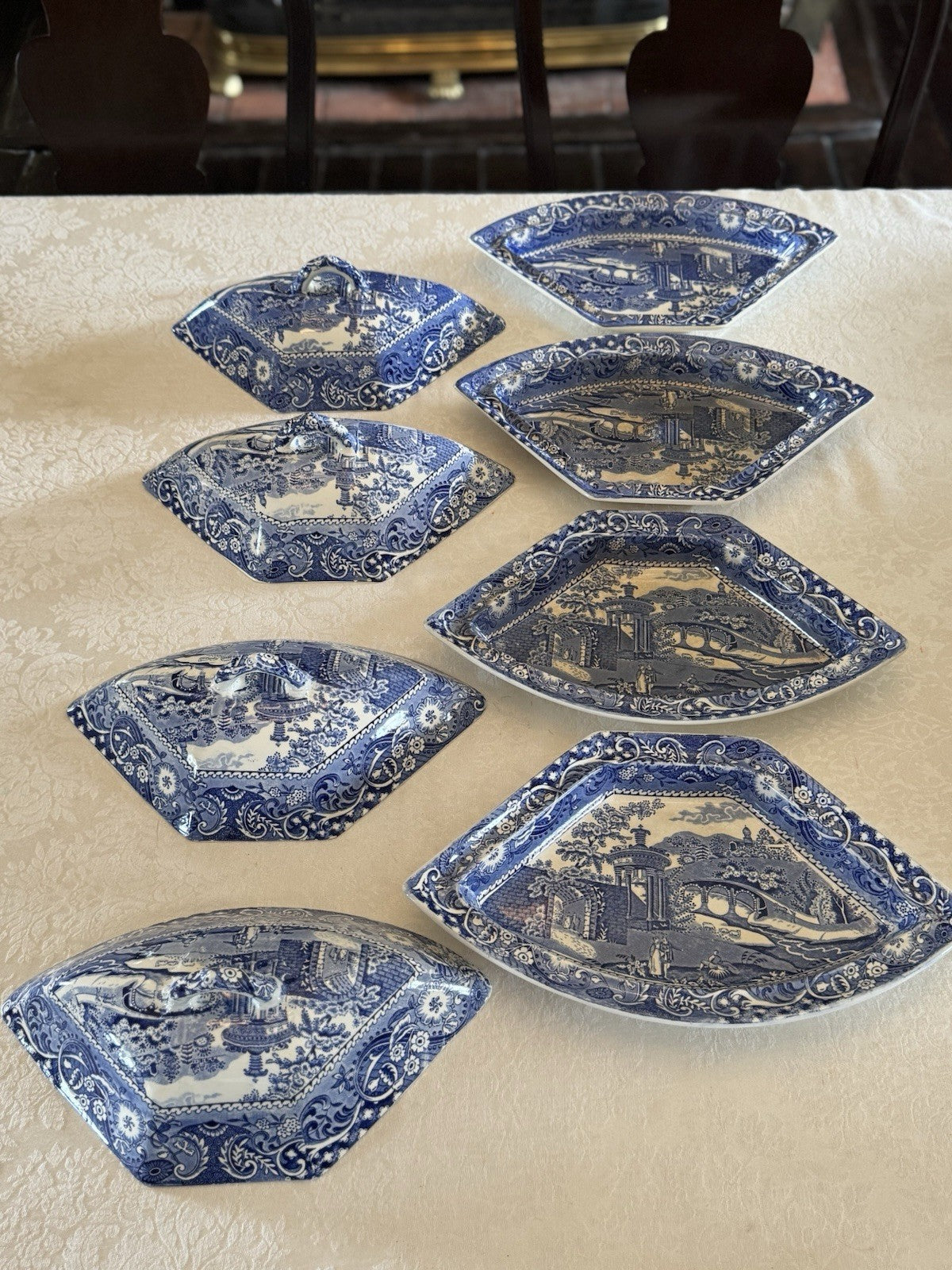 8 Piece CANTERBURY WR Midwinter ANTIQUE Serving Set Blue Transferware