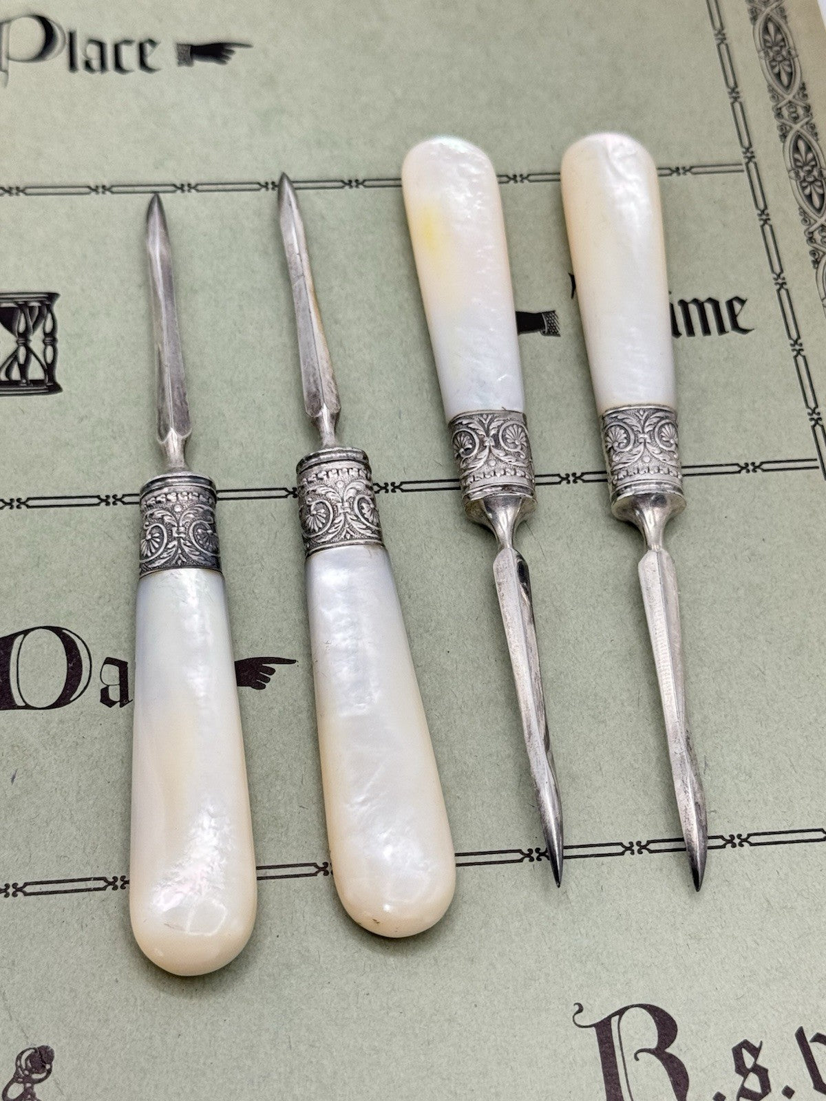 4 ANTIQUE Mother Of Pearl Handled Nut Picks ESTATE FIND