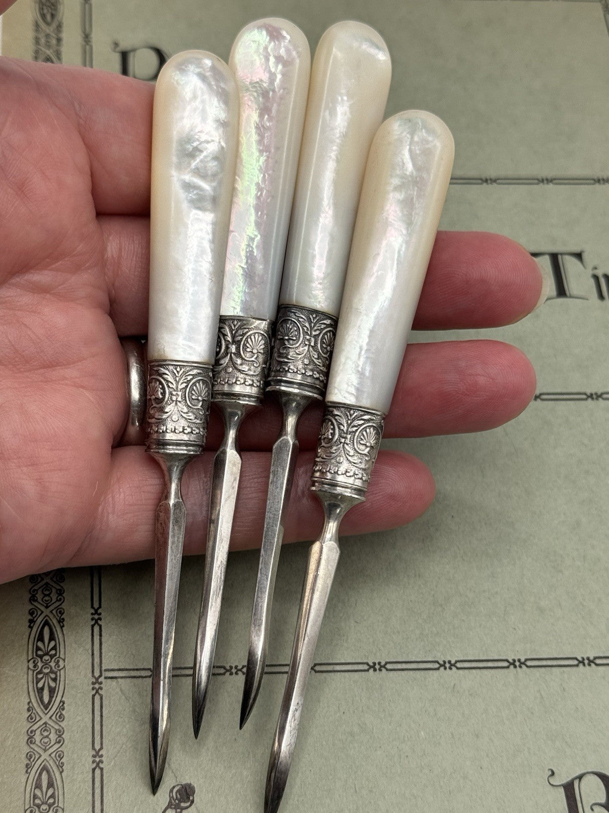 4 ANTIQUE Mother Of Pearl Handled Nut Picks ESTATE FIND