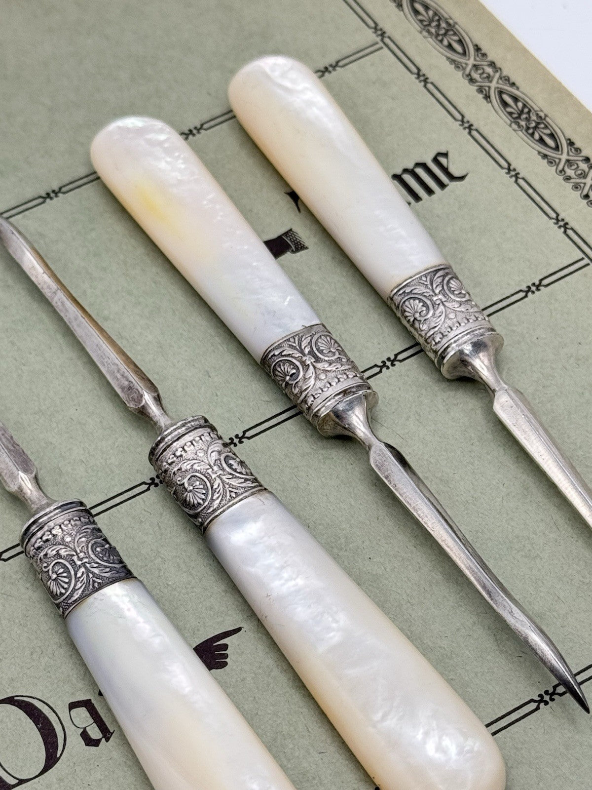 4 ANTIQUE Mother Of Pearl Handled Nut Picks ESTATE FIND