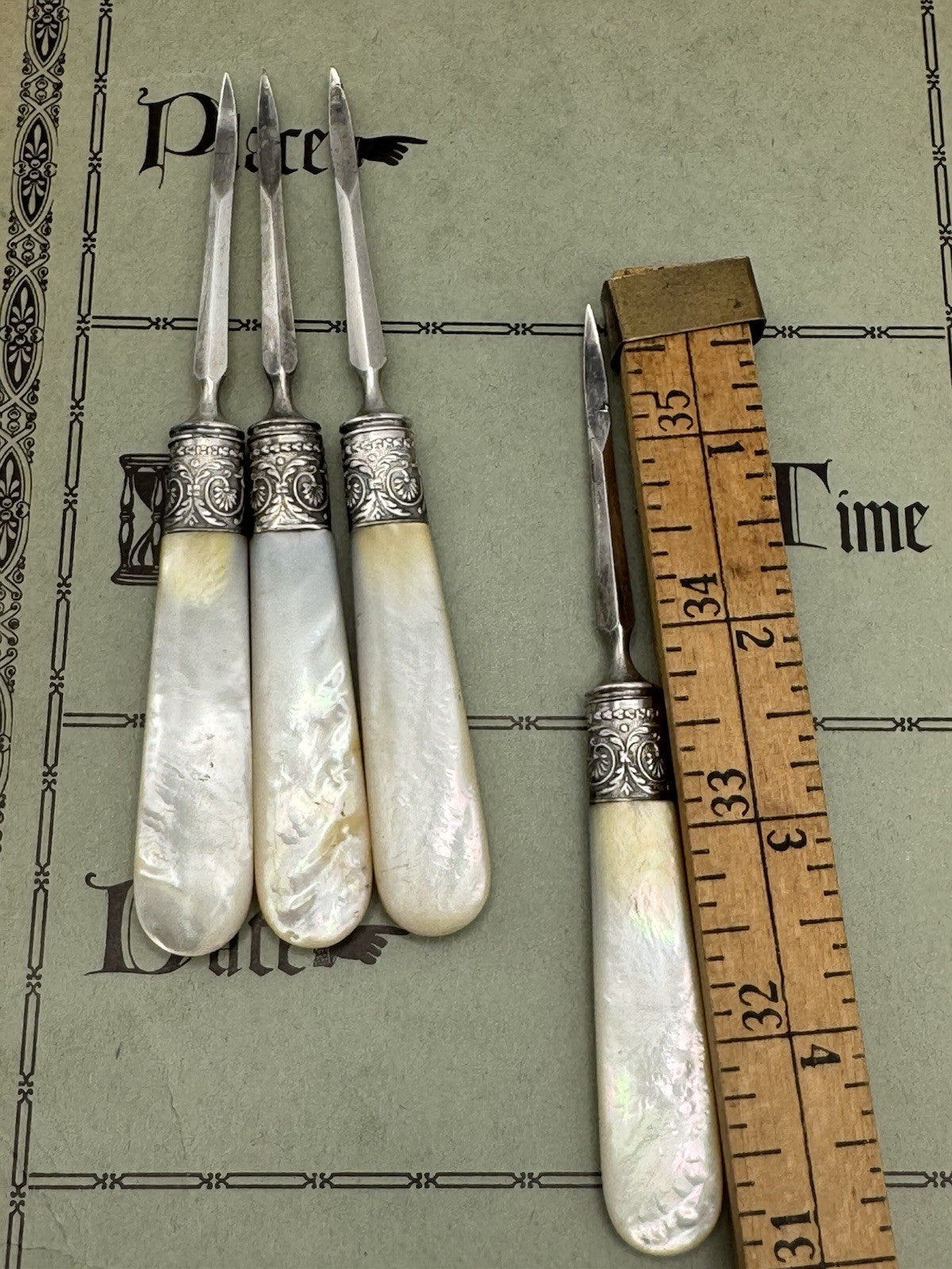 4 ANTIQUE Mother Of Pearl Handled Nut Picks ESTATE FIND