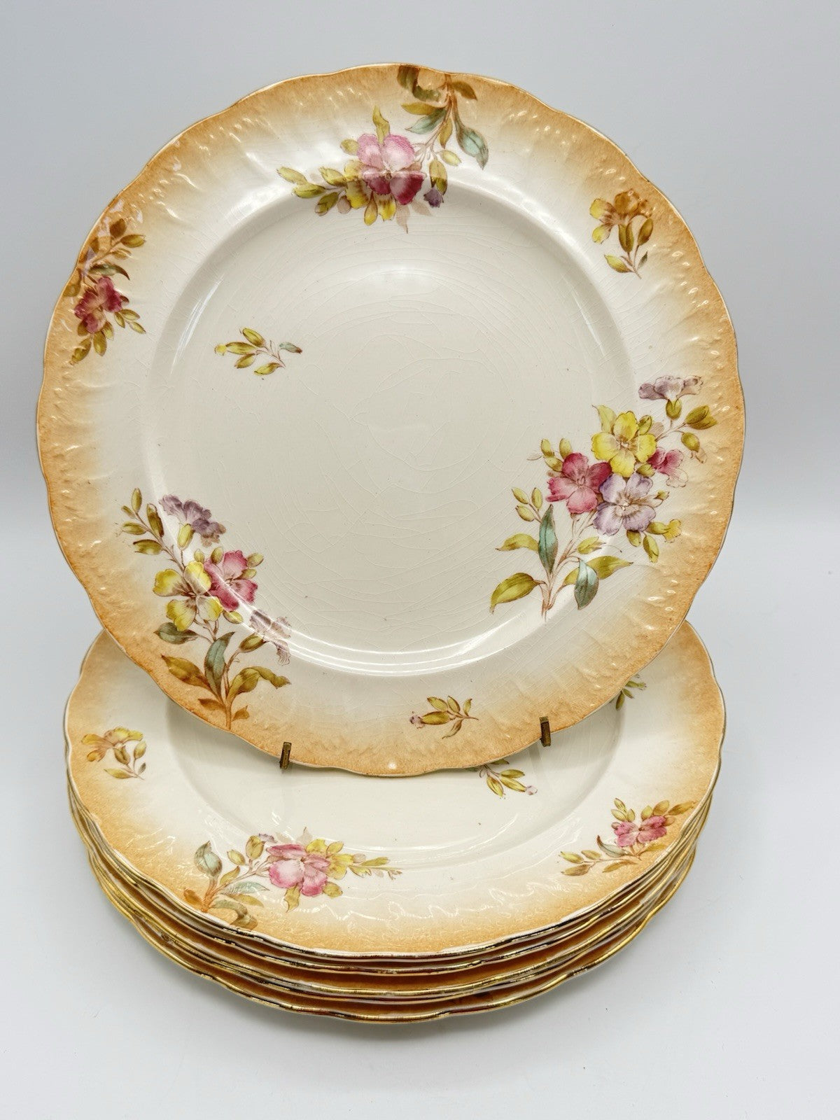 6 ANTIQUE Sampson Bridgwood & Son DINNER PLATES Floral Pink Peach 10.5”