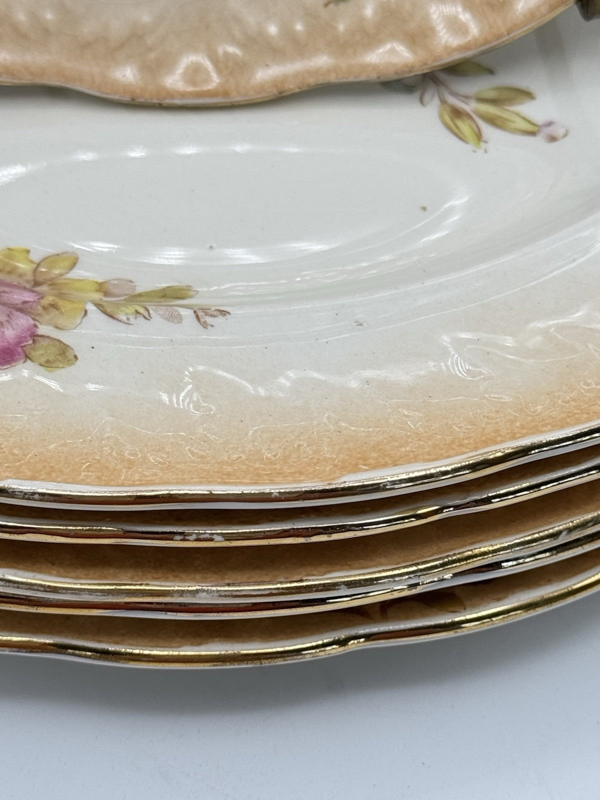 6 ANTIQUE Sampson Bridgwood & Son DINNER PLATES Floral Pink Peach 10.5”