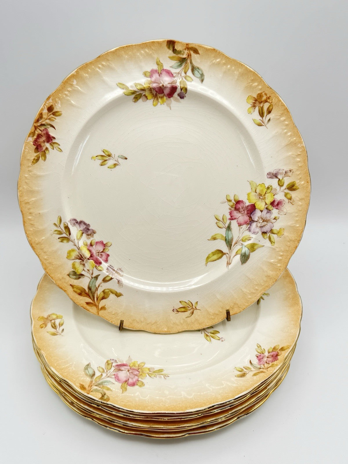 6 ANTIQUE Sampson Bridgwood & Son DINNER PLATES Floral Pink Peach 10.5”