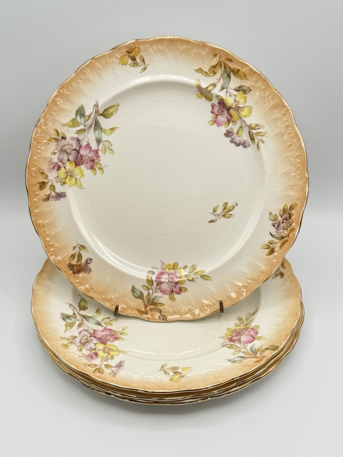 4 ANTIQUE Sampson Bridgwood & Son DINNER PLATES Floral Pink Peach 10.5”