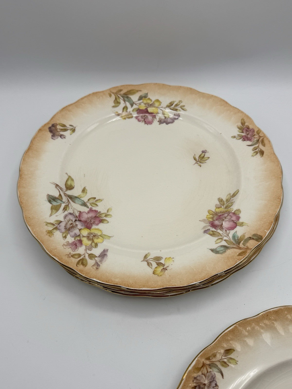 4 ANTIQUE Sampson Bridgwood & Son DINNER PLATES Floral Pink Peach 10.5”